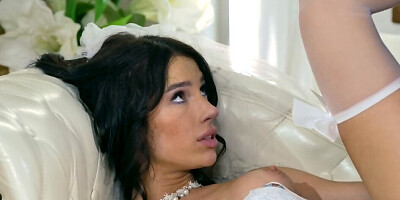 Bald man is having sex with the tall brunette bride