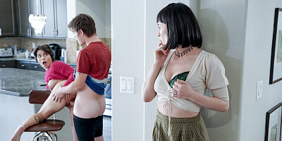 Short-haired sluts Nicole Aria and Olive Glass screwed on leather couch