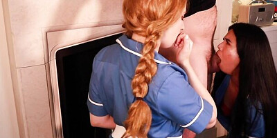 Pair Of Gorgeous Nurses Drop To Their Knees To Give Oral Treatment To Their Patient
