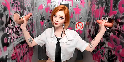 Pretty Girl gets Fucked by Two Dicks Through the Toilet Walls Gloryhole