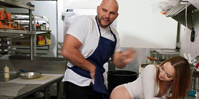 The chef takes a break from work and fucks two workers