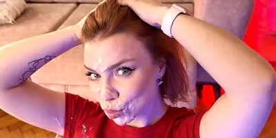 Giant Cumshot! Her Face is Completely Covered Sperm