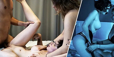Threesome after Hot Lesbian Action, He Delivers a Wild Finish Right on Her Fa...