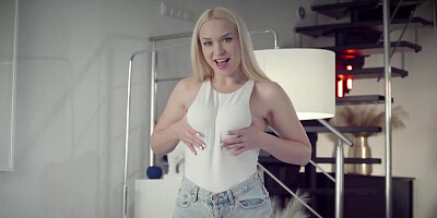 Blonde with big boobs sucks cock and rides it very well