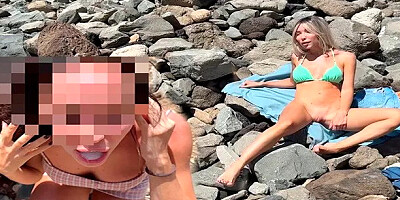 Sex and Blowjob in Public on the Beach from a Blonde and a Brunette