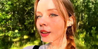 Best Blowjob in the Forest from a Blonde with Green Eyes