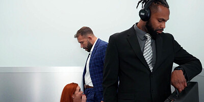 Deep blowjob from redhead Sinatra Monroe and passionate sex standing