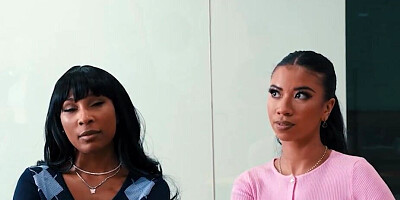 Licking her backside behind boss' back in a hot lesbo vid