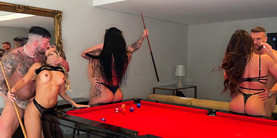 Fetish orgy on the pool table with curvy whores