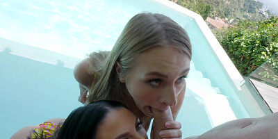 POV threesome sex with sweet busty Angela White and Angel Youngs