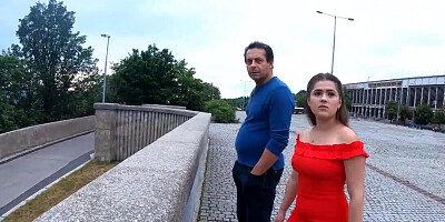 Submissive brunette in red takes him all the way in