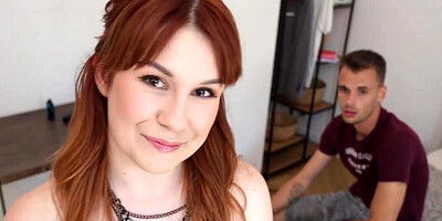 Redheaded girl pulled by the hair during cuckolding sex