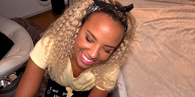 Curly-haired ebony Romy Indy blows and rises lucky dude in POV