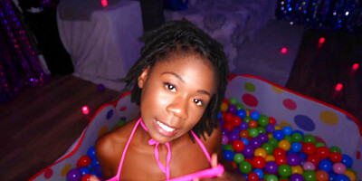 Petite ebony Hazel Grace rides cock POV