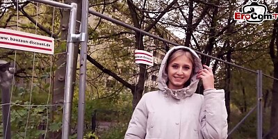 German guy flirt with blonde young petite teen and seduced her for public sex