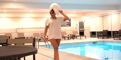 Thick redhead Ms.Red X taking on a black cock poolside