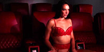 Anal fuck at the movies for a leggy brunette in red