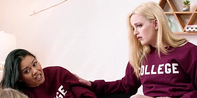 Two horny lezzies seduce their young roommate's cunt