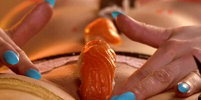 Blonde bombshell MILF serves sushi on her naked body