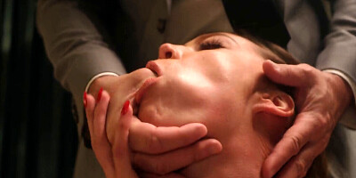 Thick blonde with natural boobs playing in the living room