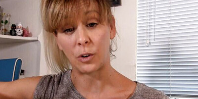 Mature blonde stepmom Cherie DeVille talks dirty while getting her tiny panties soaked