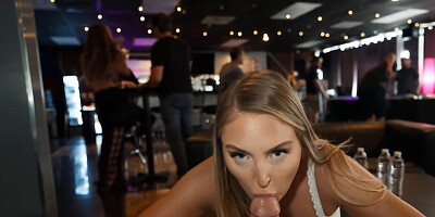 Sexy Blonde Sucks Cock In Restaurant In Front Of Everyone