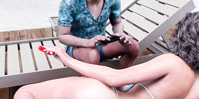 Sunville MILFs engage in steamy public beach sex with a big dick and ice cream