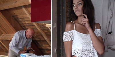 Leggy brunette girl feeds her toes to a kinky old fucker