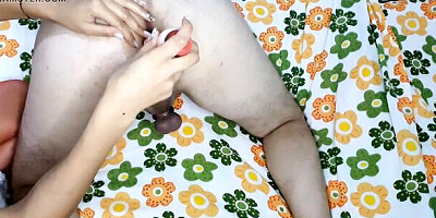 Step sister dominates with strapon & deep dildo play, urethral sounds & CBT