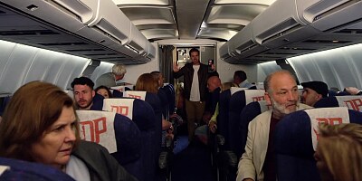 Pilot and a couple of sexy flight attendants fuck on the plane