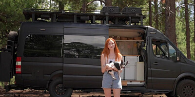 Cute ginger has fun with her BF in the back of his trailer