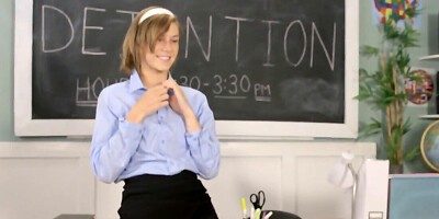 Ella Woods squatting on the guy's cock in the classroom