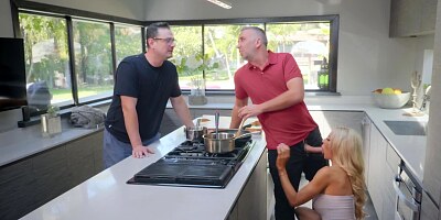 Whorish MILF helps hubby's friend in kitchen and deals with cock