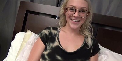 Nerdy blonde with glasses is sucking a stiff cock and getting it inside her wet pussy