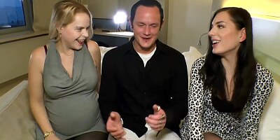 Insatiable, German brunette is having a threesome with a pregnant blonde and her tattooed lover