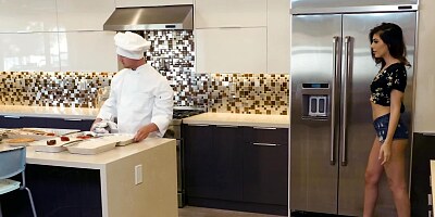 Pleasant girl leaves stepdad to have sex with chef in the kitchen
