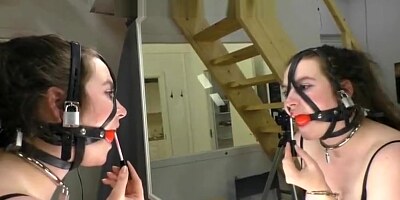 Slave girl in female chastity belt tease herself with selfbondage