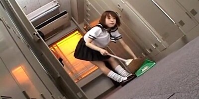 Morimoto Miku in school uniform sucks and licks three penises