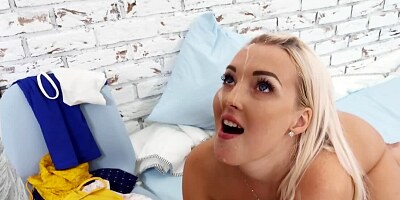 Skinny blonde bravely takes giant cock into her tight cunny