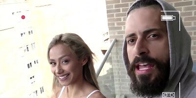 Ravishing blonde, Veronica Leal is wearing white stockings and high heels while sucking a hard dick