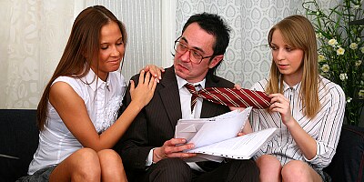 TrickyOldTeacher - Hot sexy students both give teacher blowjob and hot threesome