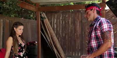 A bimbo is naked outdoors, sucking and riding a hard large dick