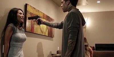A blonde with a sexy face is getting touched at gunpoint today