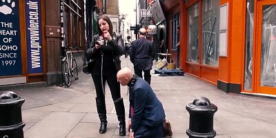 Mistress evilyne cruel engl femdom fed like a dog in public