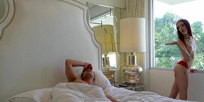 A skinny girl is on the bed and she is riding a cock like a cowgirl