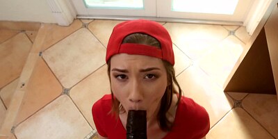 Cute pizza girl takes his big black cock as a tip