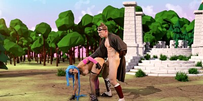 Video game porn parody with a blue haired slut