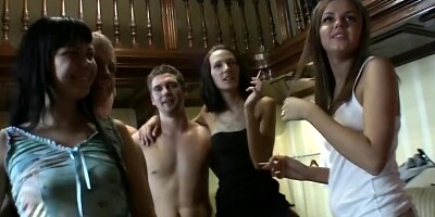 Drunk chicks are stripping and fooling around with some guys
