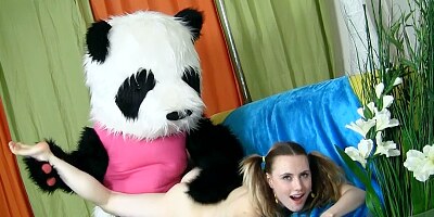 Horny girl playing with toy bear